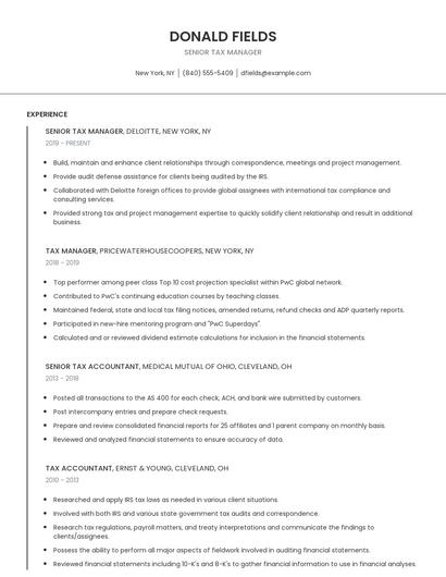Senior Tax Manager Resume