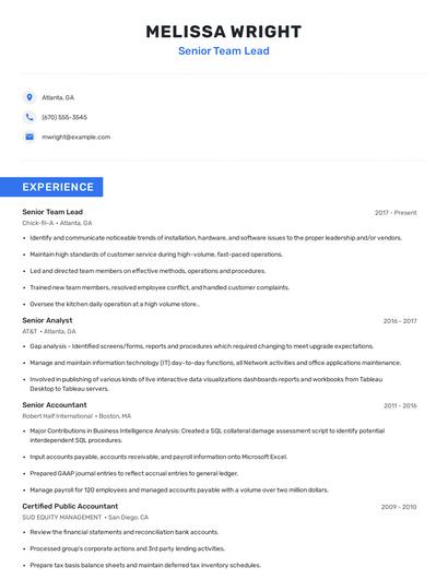 Senior Team Lead Resume