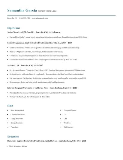 Senior Team Lead Resume