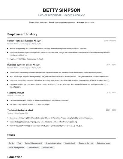 Senior Technical Business Analyst Resume