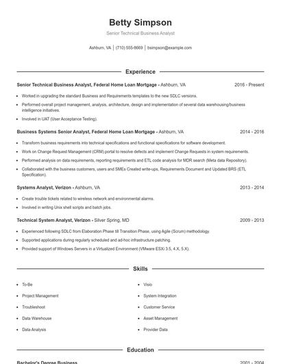 Senior Technical Business Analyst Resume