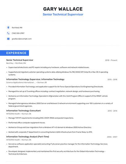 Senior Technical Supervisor Resume