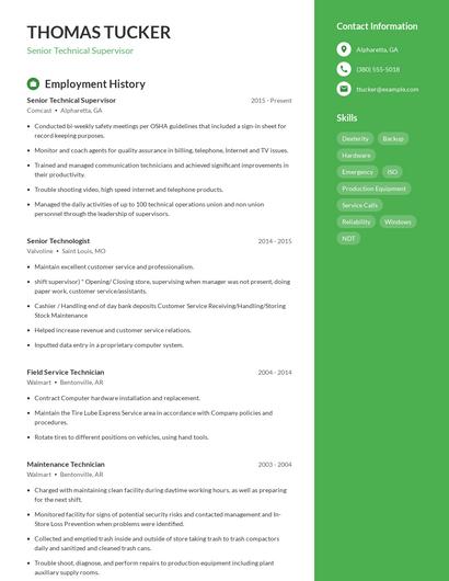 Senior Technical Supervisor Resume