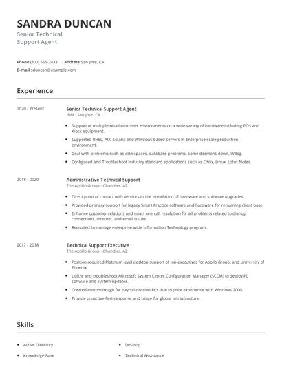 Senior Technical Support Agent Resume
