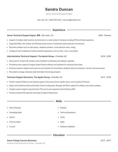 Senior Technical Support Agent Resume