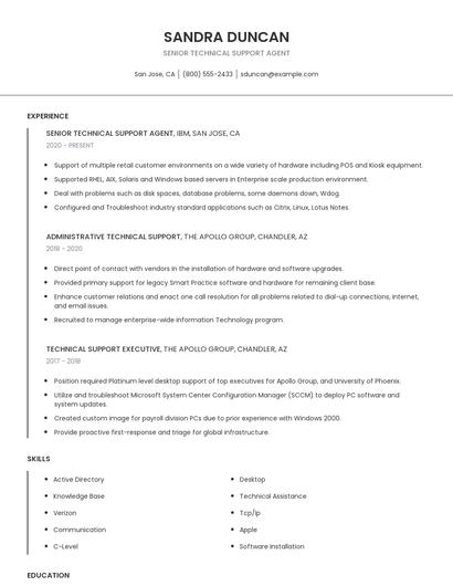 Senior Technical Support Agent Resume