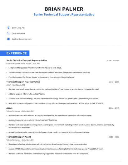Senior Technical Support Representative Resume