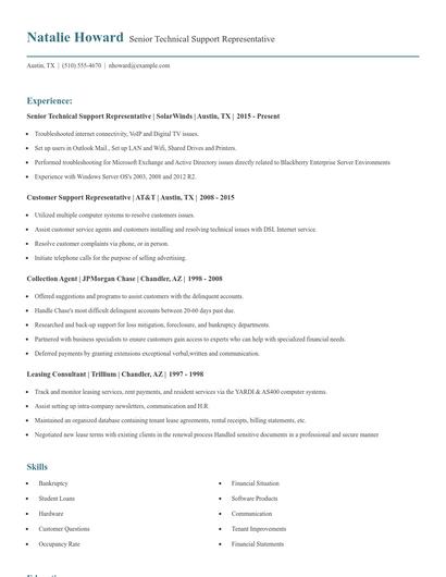 Senior Technical Support Representative Resume