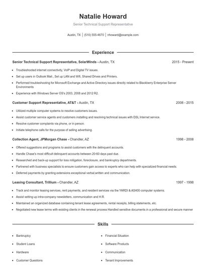 Senior Technical Support Representative Resume
