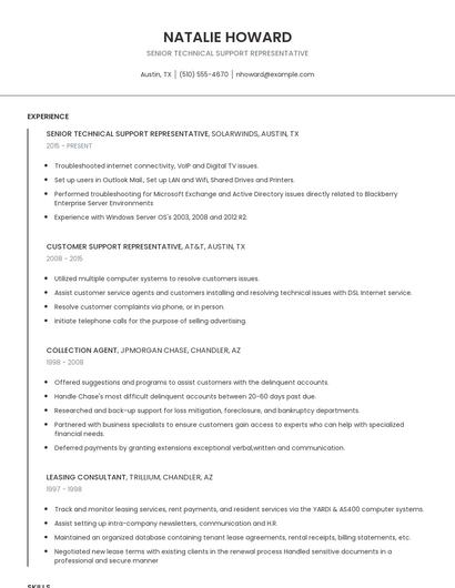 Senior Technical Support Representative Resume