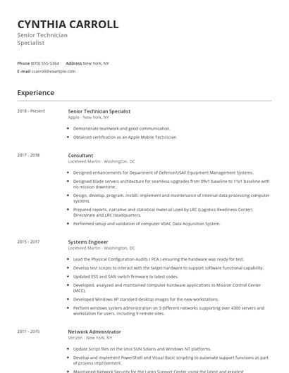 Senior Technician Specialist Resume