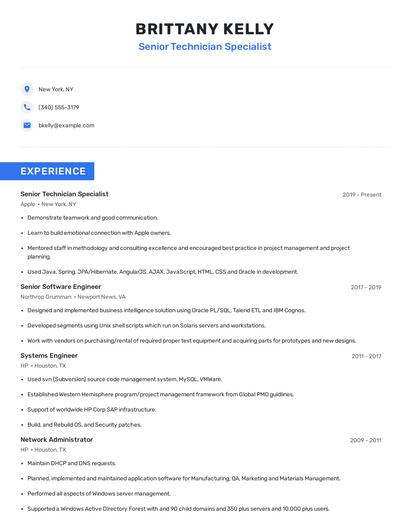 Senior Technician Specialist Resume