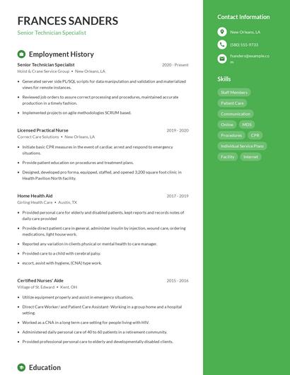 Senior Technician Specialist Resume