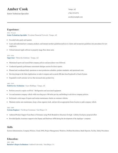 Senior Technician Specialist Resume