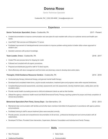 Senior Technician Specialist Resume