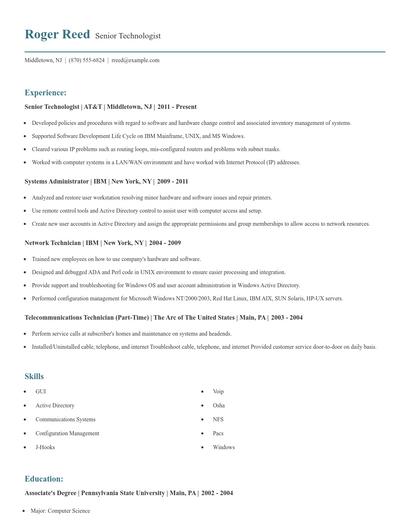 Senior Technologist Resume