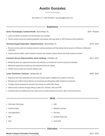 Senior Technologist Resume