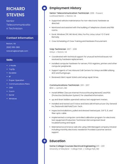Senior Telecommunication Technician Resume