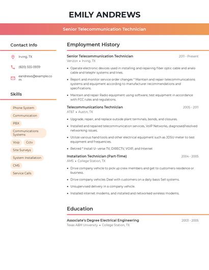 Senior Telecommunication Technician Resume