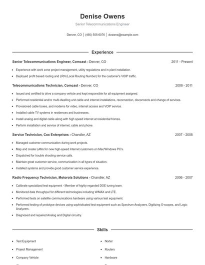 Senior Telecommunications Engineer Resume