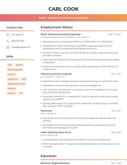 Senior Telecommunications Specialist Resume