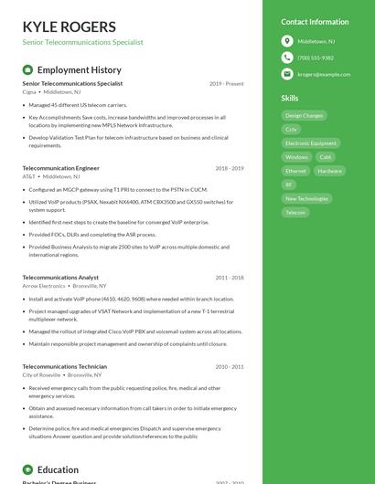 Senior Telecommunications Specialist Resume