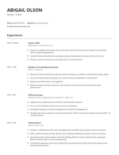 Senior Teller Resume