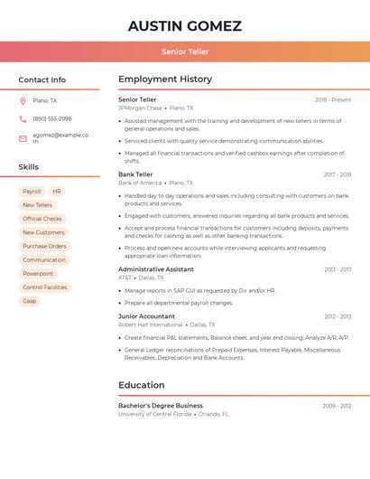 Senior Teller Resume
