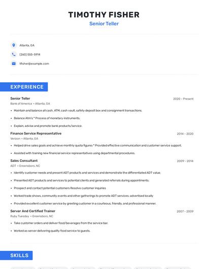 Senior Teller Resume
