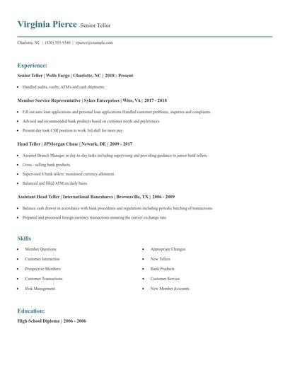 Senior Teller Resume