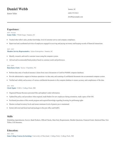 Senior Teller Resume