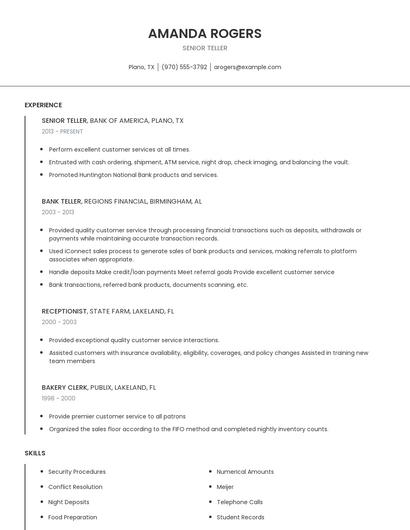 Senior Teller Resume