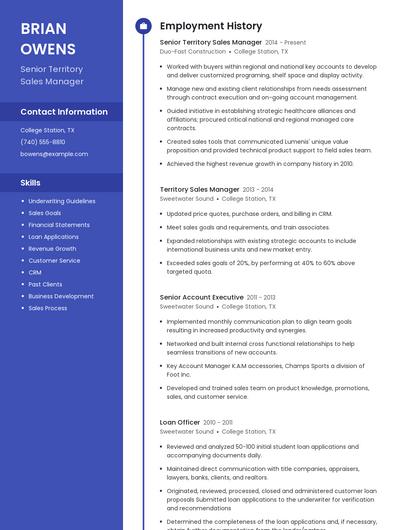 Senior Territory Sales Manager Resume