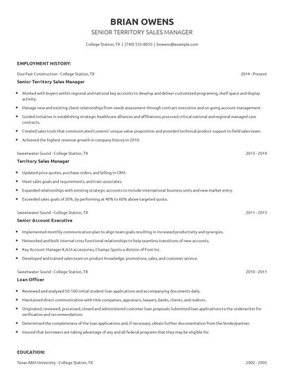 Senior Territory Sales Manager Resume