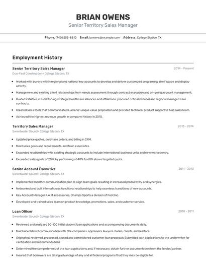 Senior Territory Sales Manager Resume