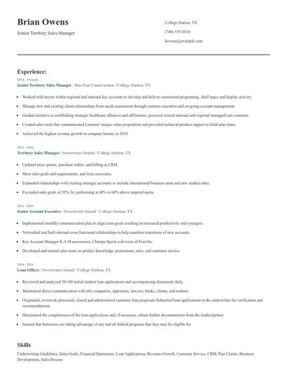 Senior Territory Sales Manager Resume