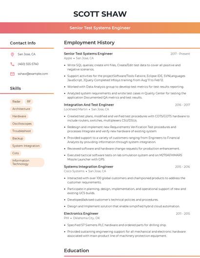 Senior Test Systems Engineer Resume
