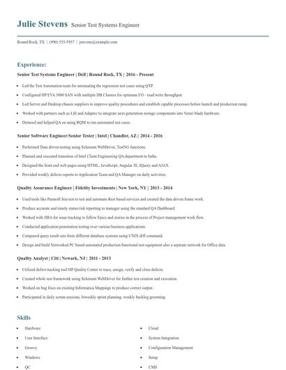 Senior Test Systems Engineer Resume