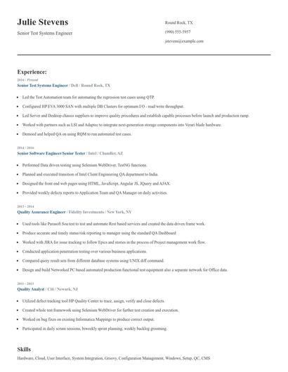 Senior Test Systems Engineer Resume