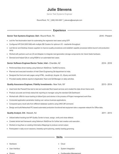Senior Test Systems Engineer Resume
