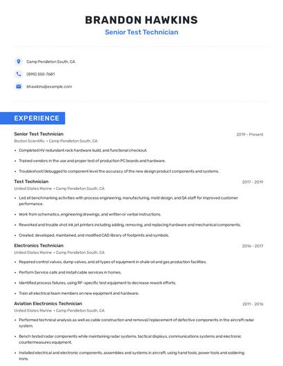 Senior Test Technician Resume