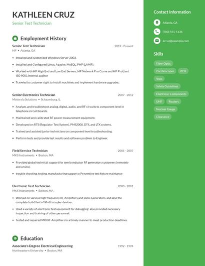 Senior Test Technician Resume