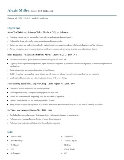Senior Test Technician Resume