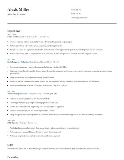 Senior Test Technician Resume