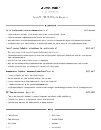Senior Test Technician Resume