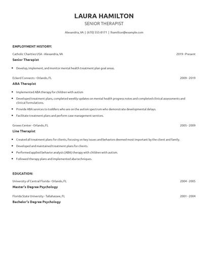 Senior Therapist Resume