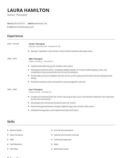 Senior Therapist Resume