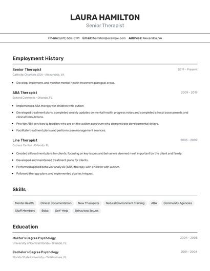 Senior Therapist Resume
