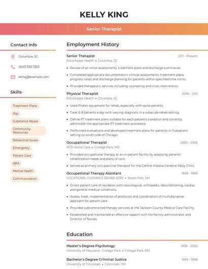 Senior Therapist Resume