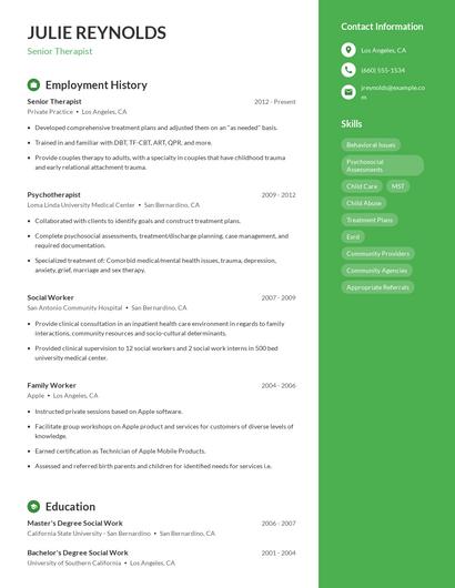 Senior Therapist Resume